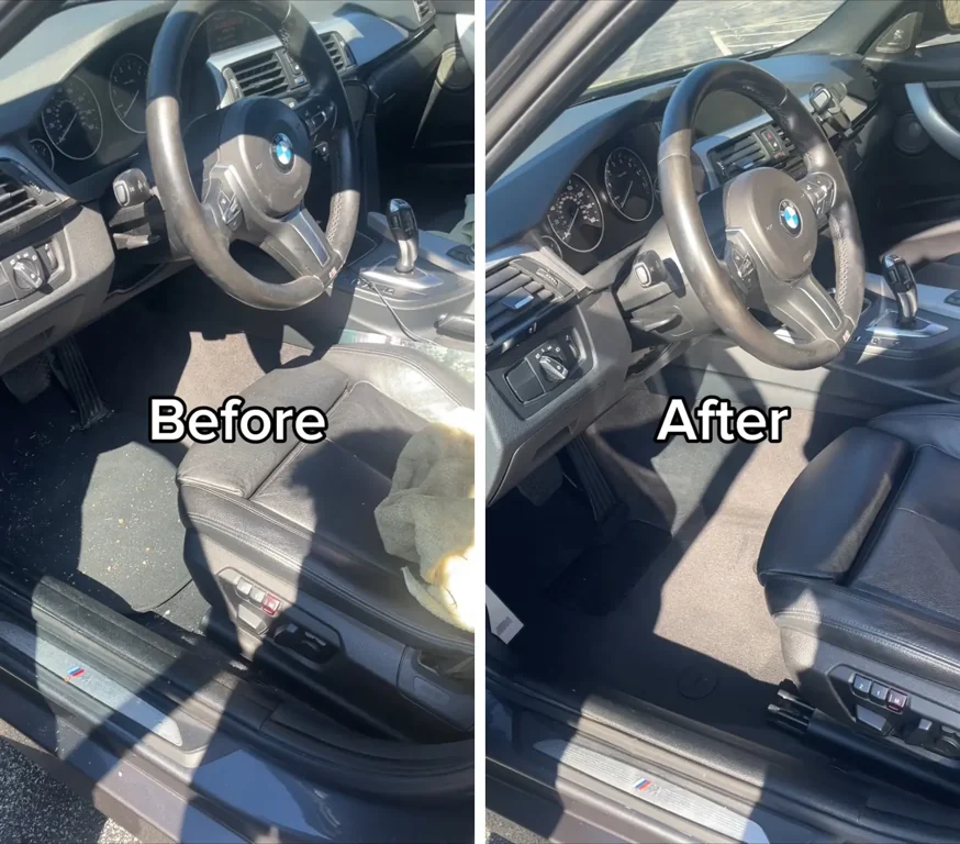 SpaceAutoSpa interior detail before and after: debris removed from a BMW floor and the cabin cleaned